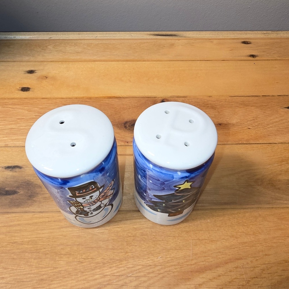 Hand Painted Ceramic Snowman Christmas Tree Salt and Pepper Shakers Set MCM - Picture 3 of 6